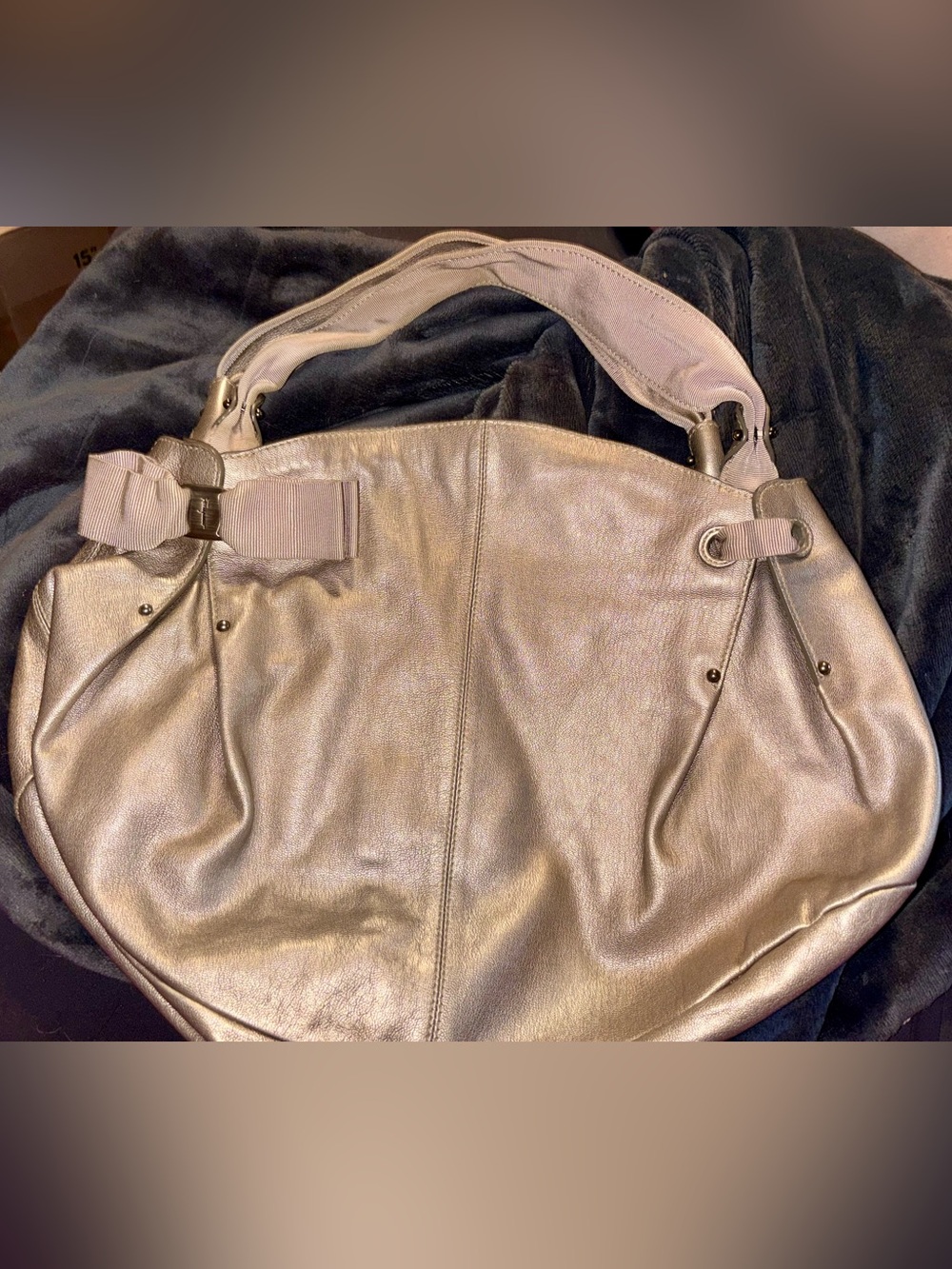 Salvatore Ferragamo Vara Ribbon Metallic Leather Hobo Bag